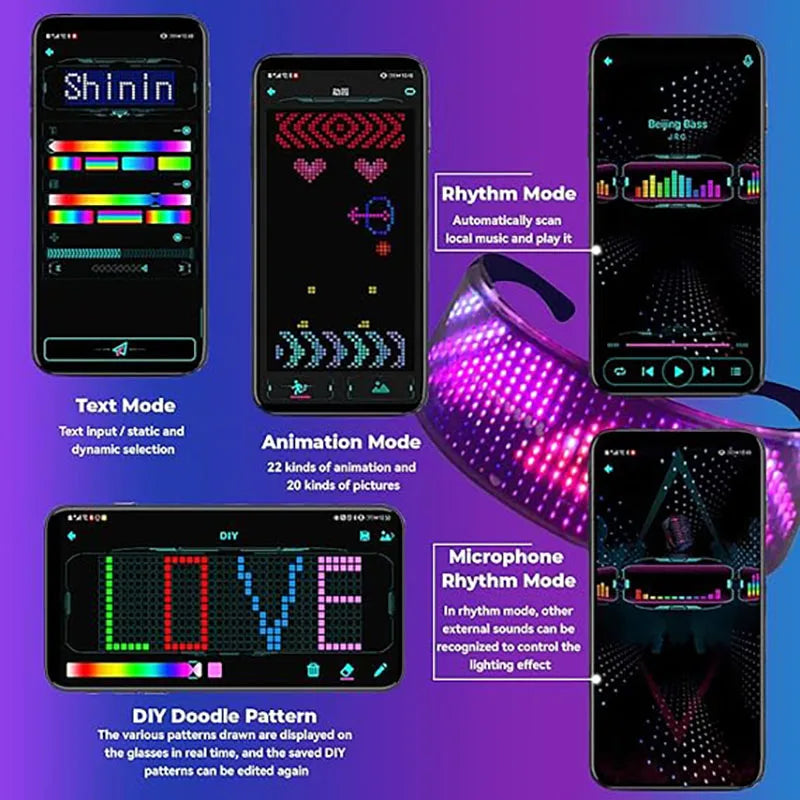 LED Glasses Bluetooth Application Programmable Display Screen RGB Light, Suitable for Gatherings, Parties, Christmas Holidays Vue