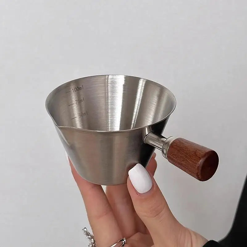 Stainless Steel Measuring Cup Wooden Handle Coffee Milk Pitcher Scale