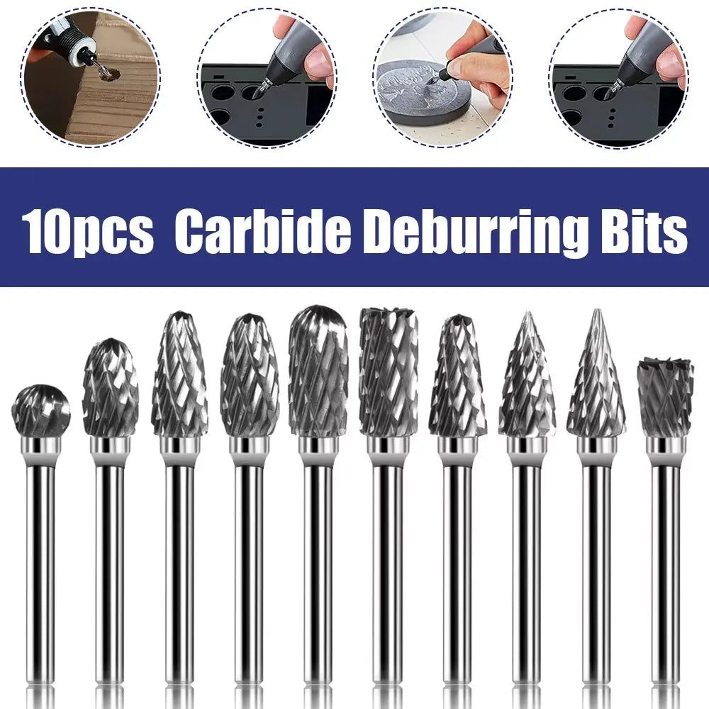 10PCS Carbide Burr Set Compatible with Dremel 1/8" Shank Die Grinder Rotary Tool Rasp Bits Wood Metal Carving Electric Grinding Vue