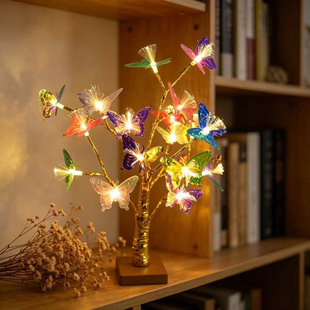 Golden Birch Tree LED Table Lamp with Fiber Optic Butterfly, Battery Powered Desktop Light for Bedroom Table Home Decor Vue