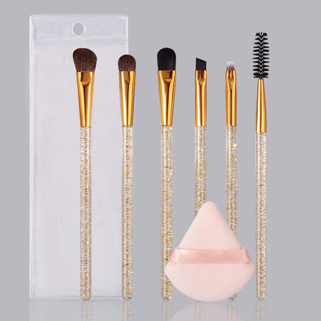 6pcs soft bristle multi-functional eye brush with glitter handle +1pcs triangular powder puff +1pcs portable pvx storage bag Vue Multicolored-3
