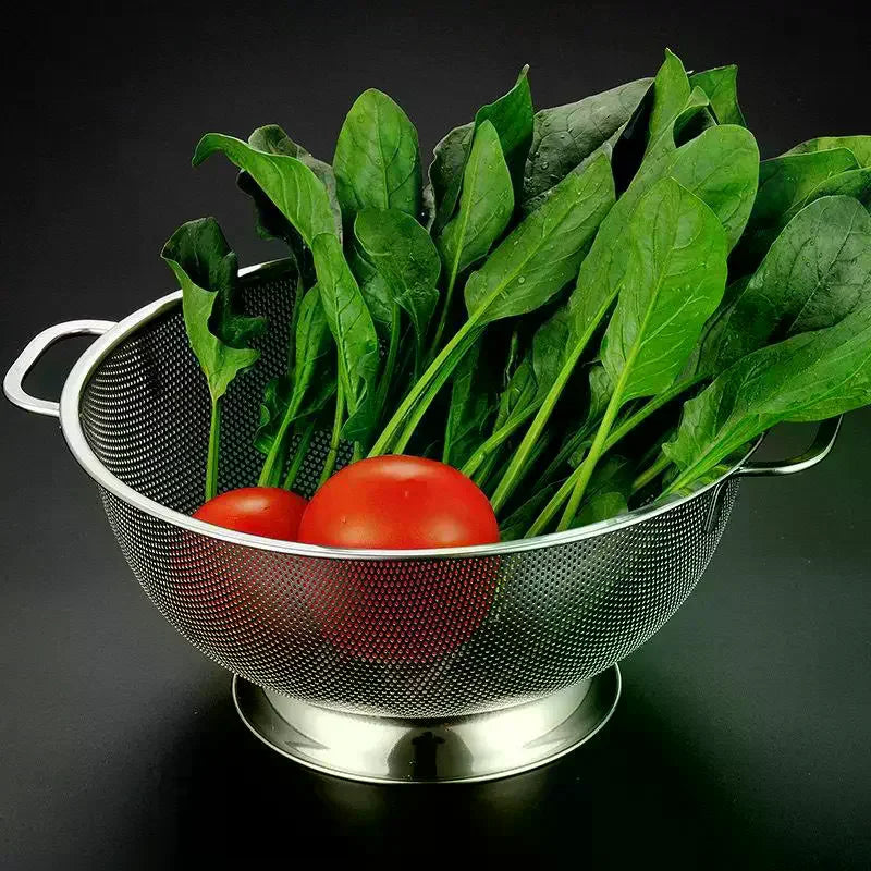 Stainless Steel Colander With Double Handle Food Pasta Strainer Basket With Self-draining Solid Ring Base Fine Mesh Filter Vue