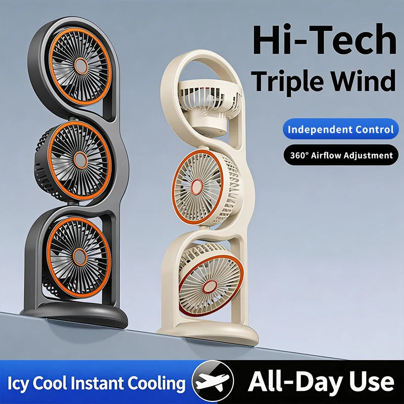 Portable USB Rechargeable 3-Head Desktop Fan 360 Rotation Circulating Vue