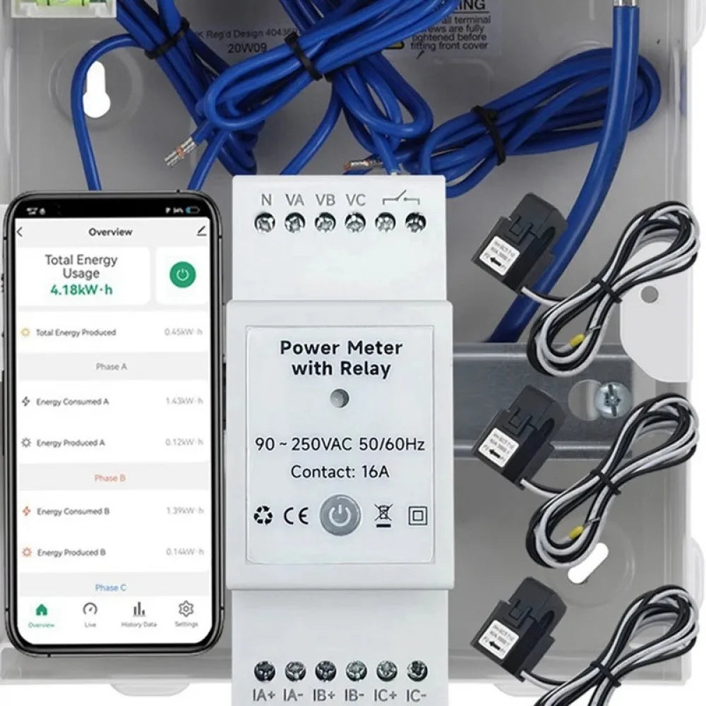 Tuya Smart WiFi Bidirectional 3 Phase Energy Meter 3 Way with 80A Clamp Din Rail App Monitor Solar Power Electricity Statistic Vue Default Title