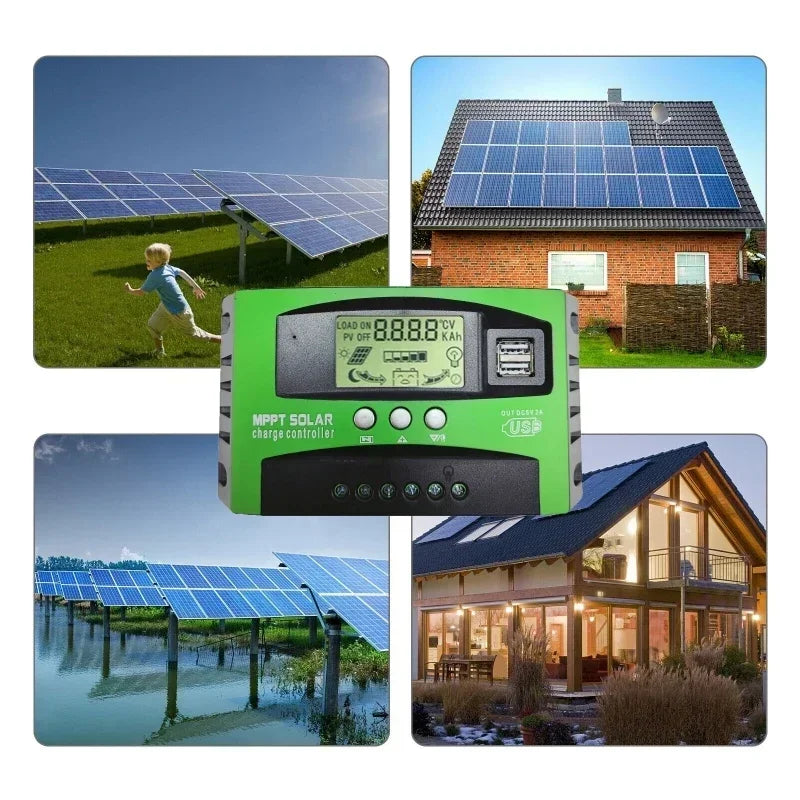 MPPT Solar Charge Controller 12V 24V 30A–100A LCD Dual USB Solar Charge Controller Vue