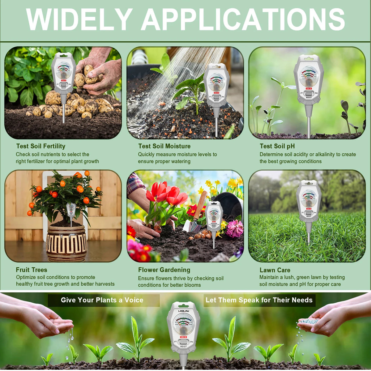 3 in 1 PH Meter Soil Moisture Meter Sensor Fertility Test Tool For Indoor/Outdoor Gardening Plant Moisture/Fertility/PH Testing Vue