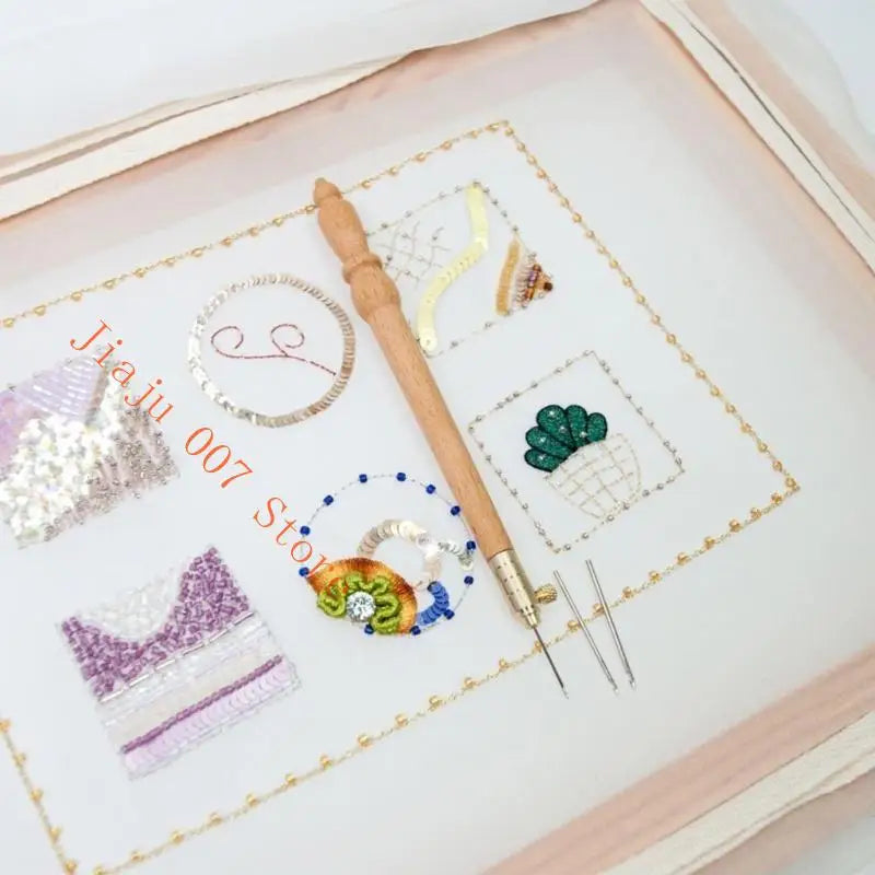 French Embroidery Beading Hook Set – Wood Handle & 3 Needles Embroidery Hook Set Vue