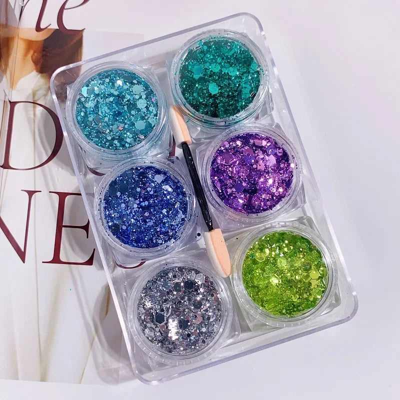 6pcs/Set Sequins Face Glitter Gel Makeup,Eyeshadow Glitter for Festivals Party Bar Makeup,Jelly Glitter Powder Gel Decorations Vue F