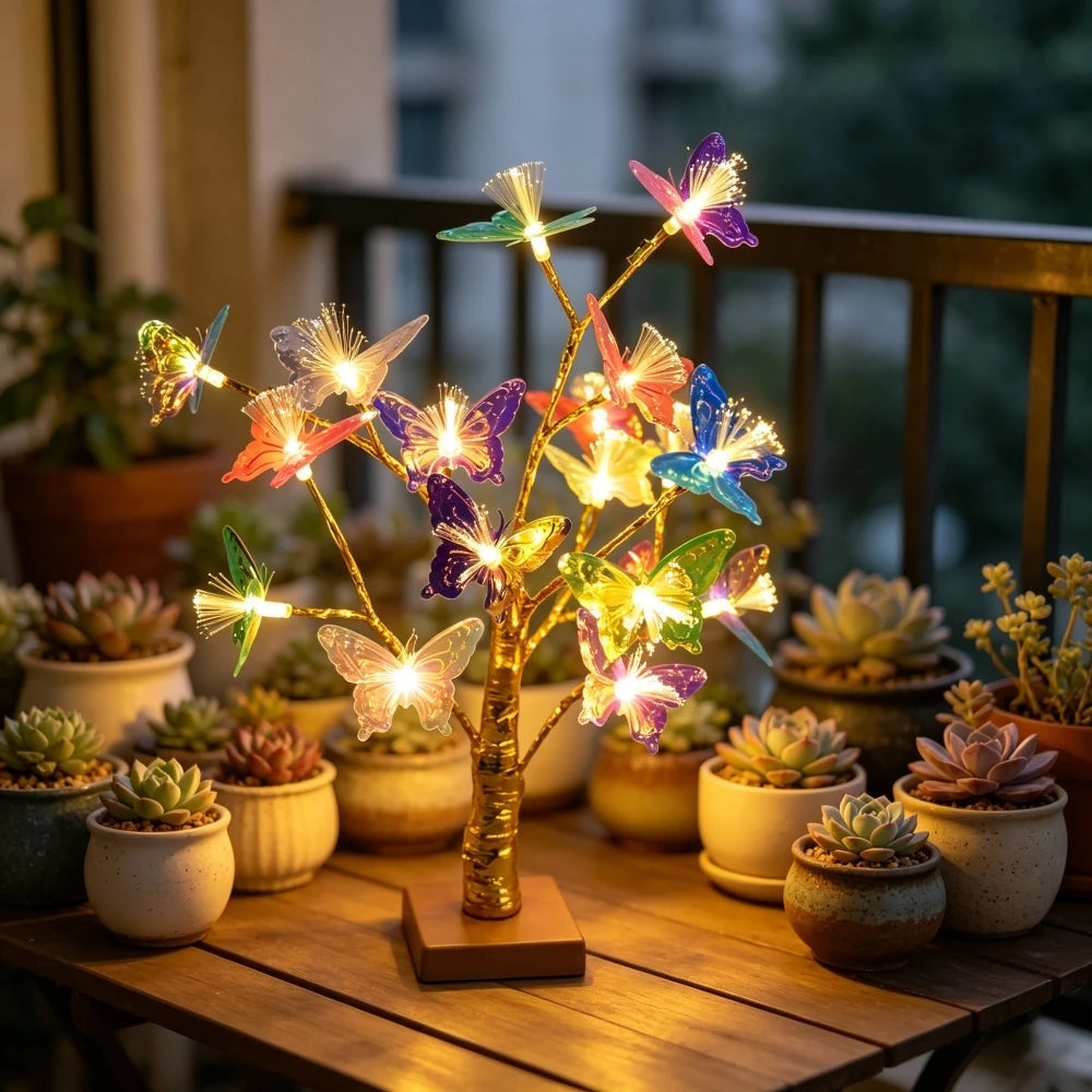 Golden Birch Tree LED Table Lamp with Fiber Optic Butterfly, Battery Powered Desktop Light for Bedroom Table Home Decor Vue