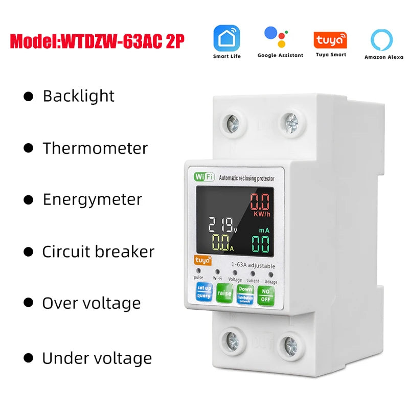 Smart Life PV Smart Circuit Breaker Tuya Voltage Relay 230V Wifi Current Leakage Protection MCB Automatic Switch 63A Vue Number of poles 2P