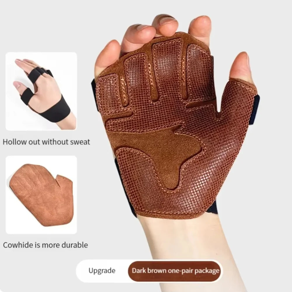 1 Pair Cowhide Weight Lifting Gloves Four-finger Non-Slip Ventilated Gym Wristband Deadlift Training Fitness Workout Gloves Vue XL-No Wristband