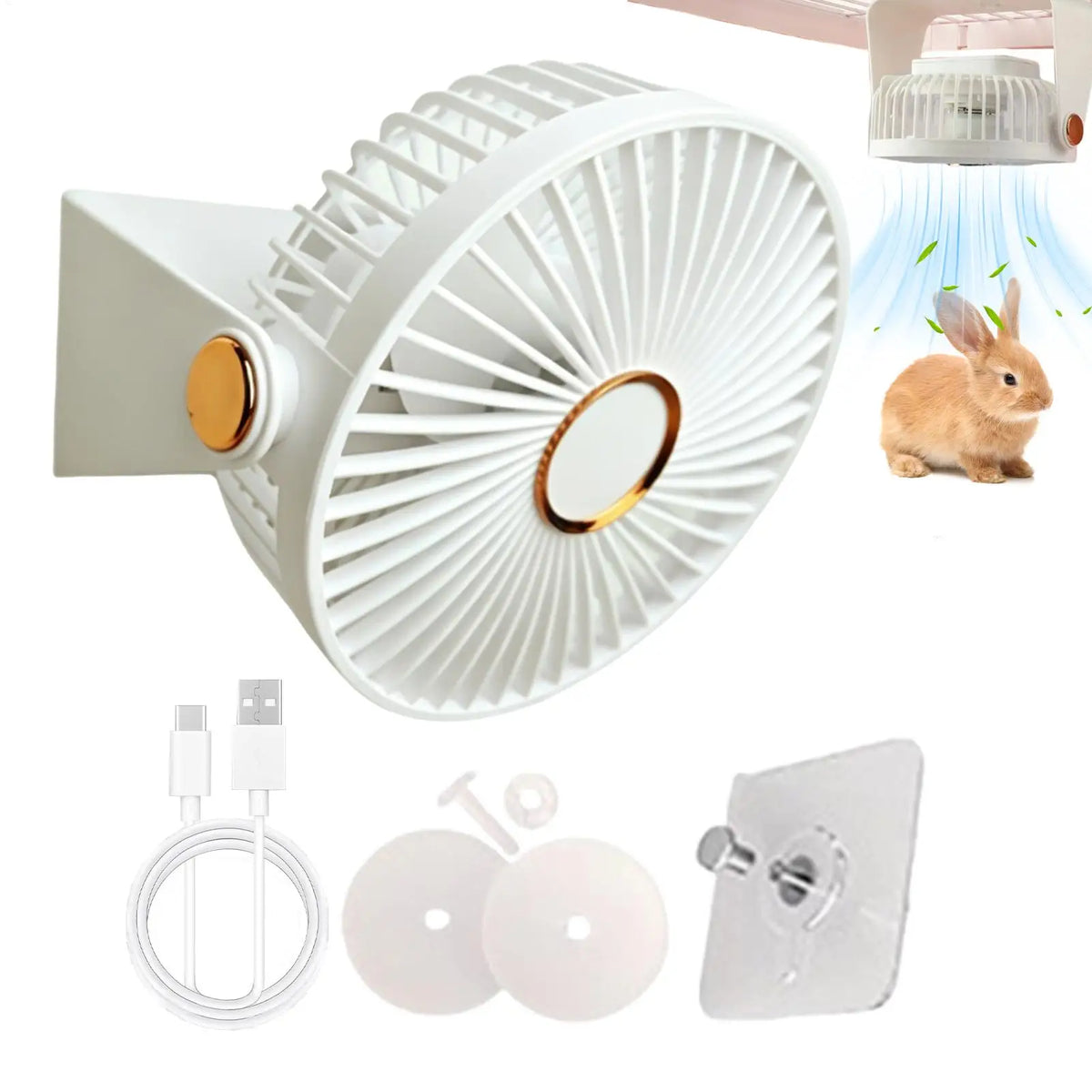 No-Drill USB Rechargeable Bunny Cooling Fan, Portable Summer Breeze for Hamster Gerbil Chinchilla, Small Pet Cage Clamp Fan Vue