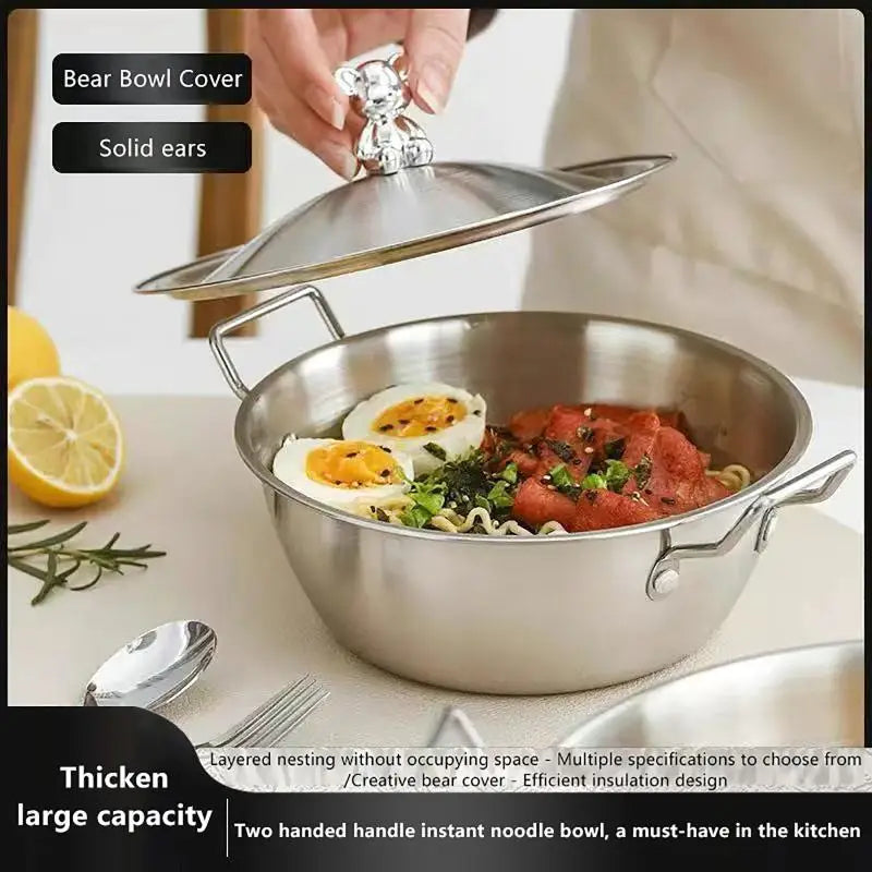 201 Stainless Steel Salad Bowl Melting Boiling Pot Instant Noodle Bowl Korean Rice Wine Bowl With Double-ear Handle Snack Basket Vue