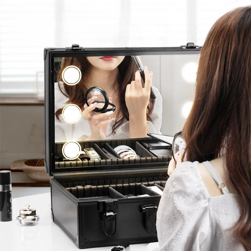 Makeup Travel Lighted Case with Large LED Light Mirror Coetic Bag Organizer Professional Adjustable Divider Storage Waterproof Vue
