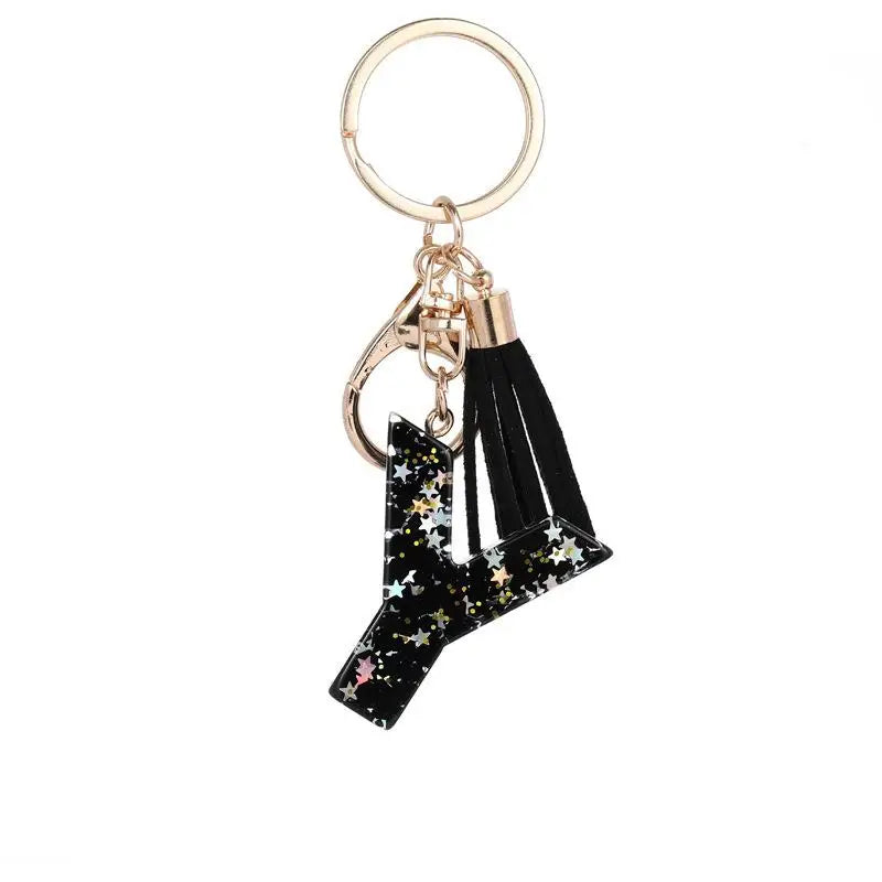 Black Glitter Star Sequins Resin 26 Letters Keychain Initials A-Z Keyring Tassel Charm Accessories Backpack Hanging Decoration Vue Y