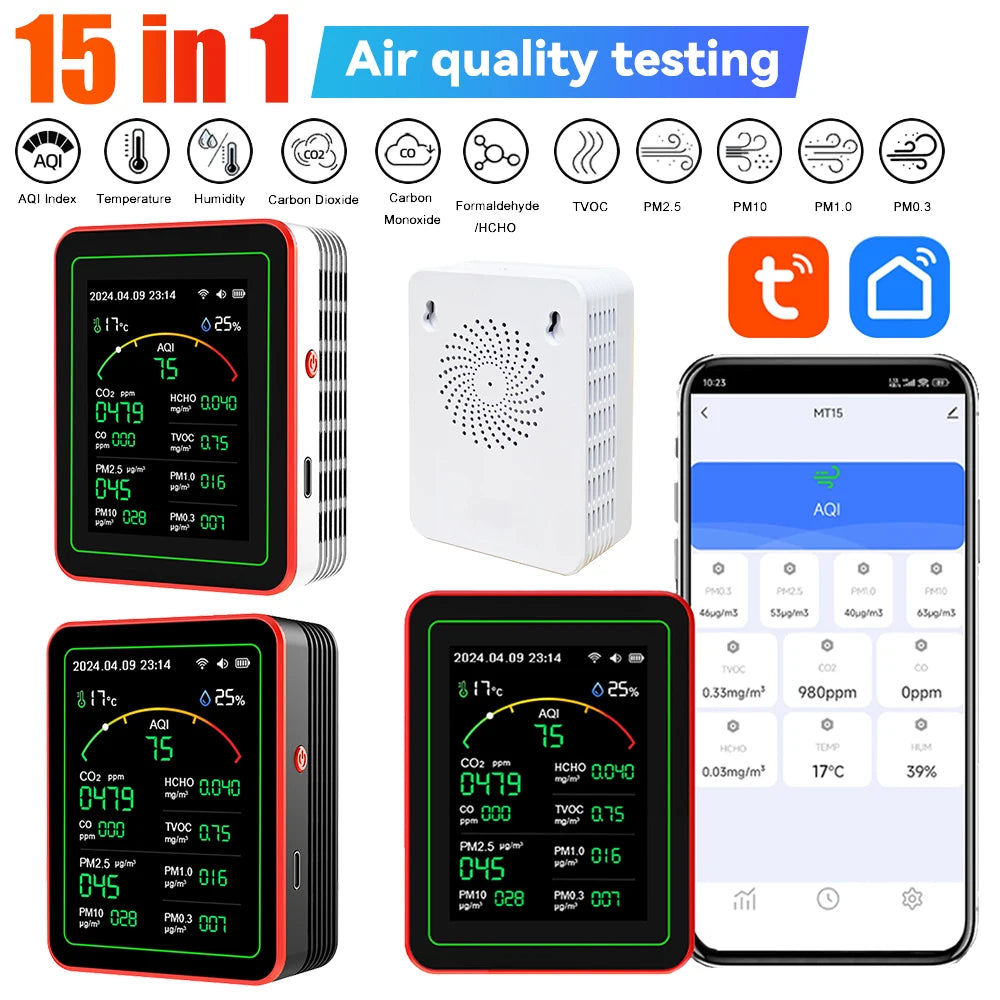 WiFi 15 in 1 Air Quality Detector TFT Display Indoor Air Quality Monitor APP Control Portable AQI PM0.3 PM1.0 PM2.5 PM10 Tester Vue