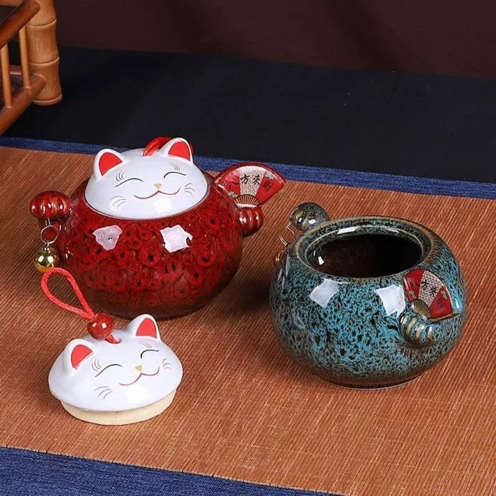 Lucky Cat Ceramic Tea Canister Cartoon Moisture Resistant Tea Sealed Jar Blessing Tea Storage Box Desktop Decoration Vue