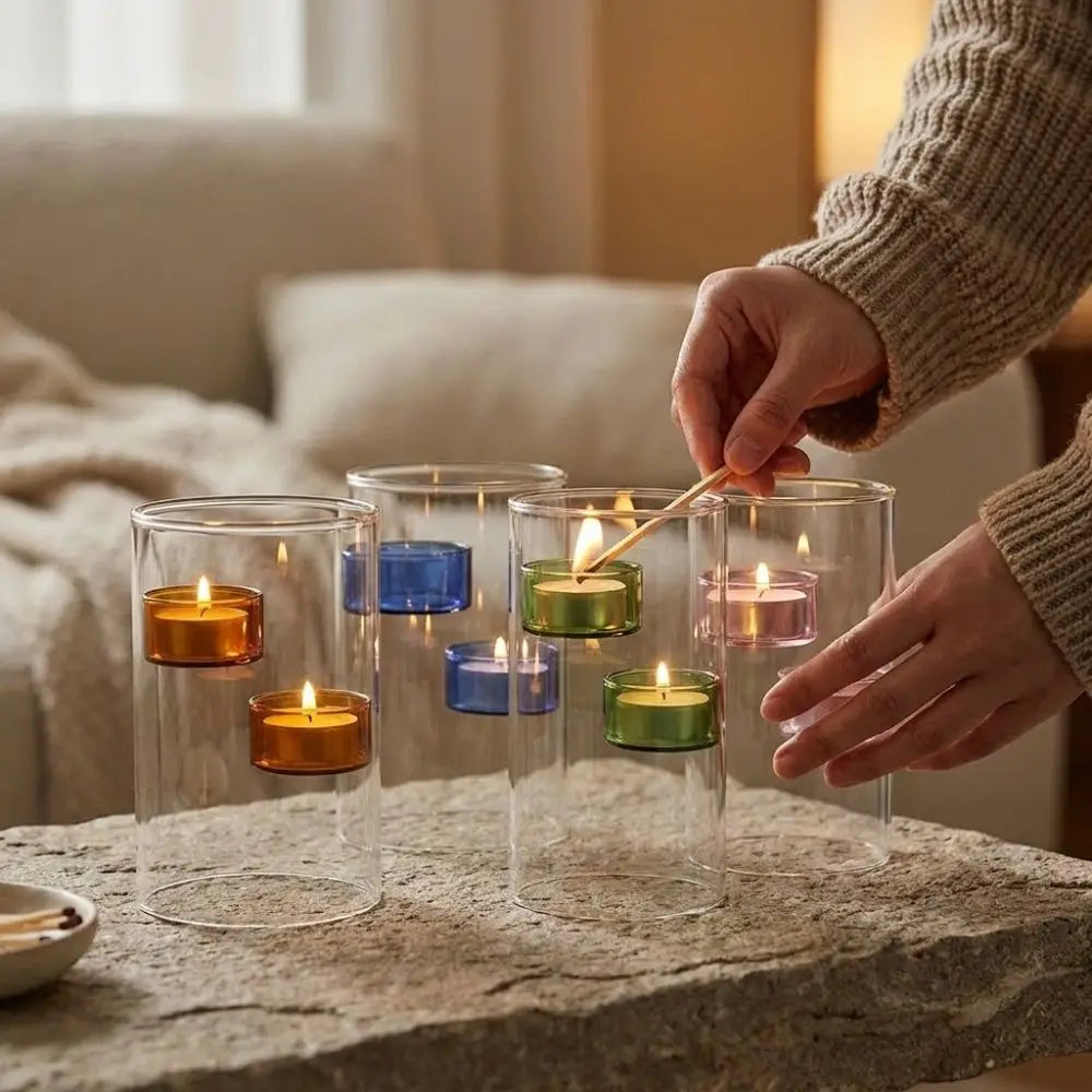 Cylinder Shape Glass Tealight Candle Holder Romantic Exquisite Windproof Candlestick Versatile Transparent Aromatherapy Holder Vue
