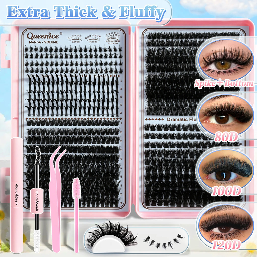 QUEENICE Lash Clusters Kit, Eyelash Extensions Set, 80D,100D 120D Spikes Eyelash Bottom Lashes Clusters Mixed Length Eyelashes Vue Eyelash Book Kit D