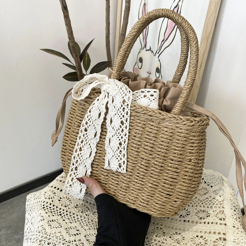 Women Straw Woven Drawstring Handbag Girls Solid Holiday Purse