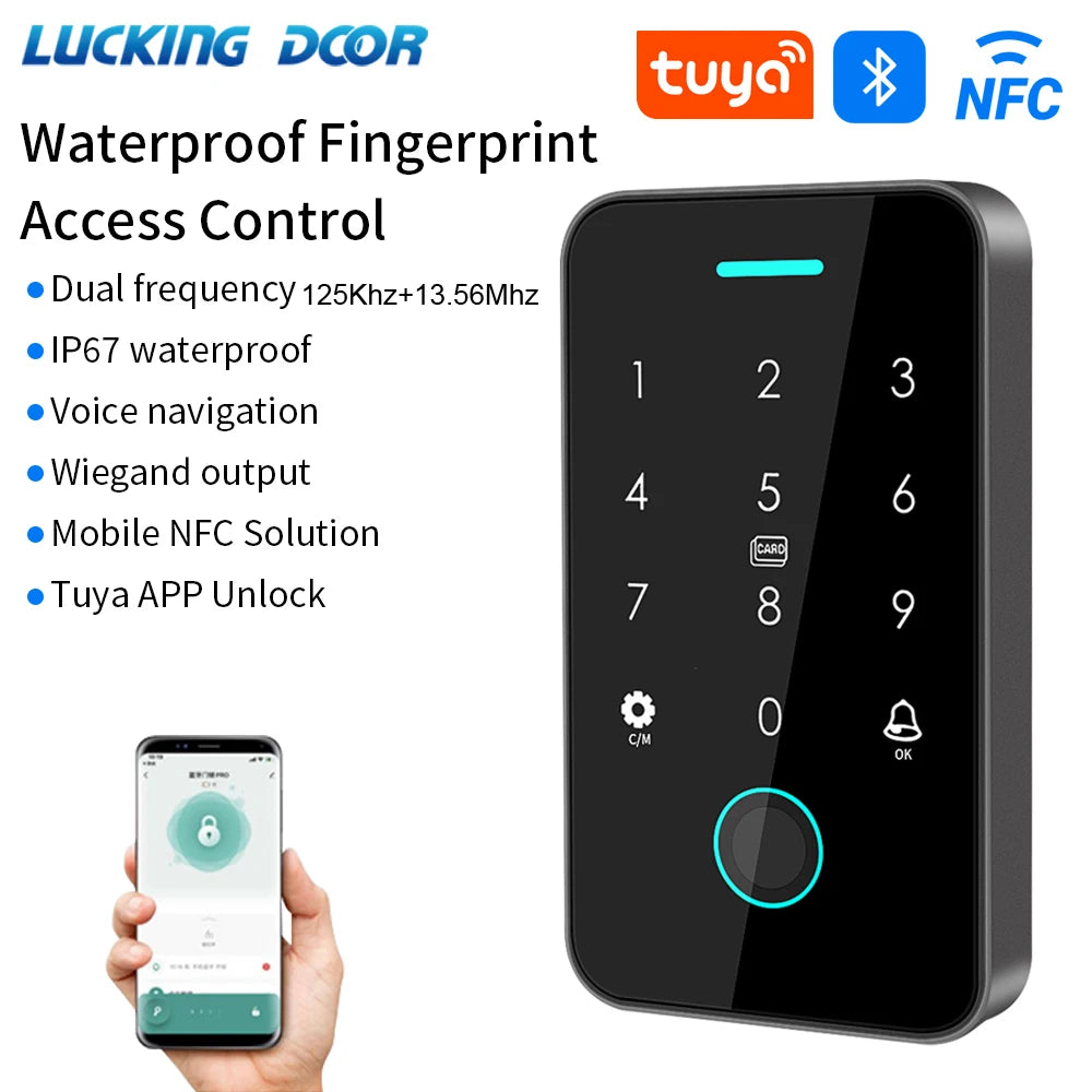 NFC Bluetooth Tuya APP Backlight Touch 13.56Mhz RFID Card Access Control Keypad Door Lock Opener WG Output IP66 Watreproof Vue