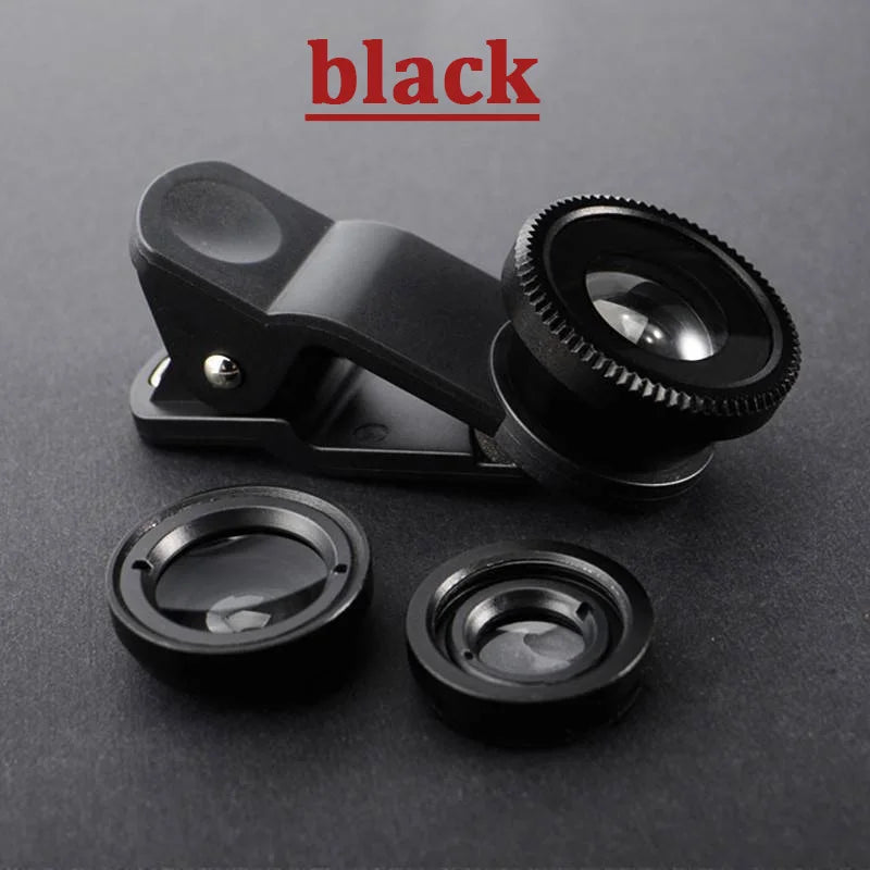 1 Set 3In1 Mobile Phone Fish Eye+Wide Angle+Macro Lightweight Camera Lens For Universal Cell Phone Vue black