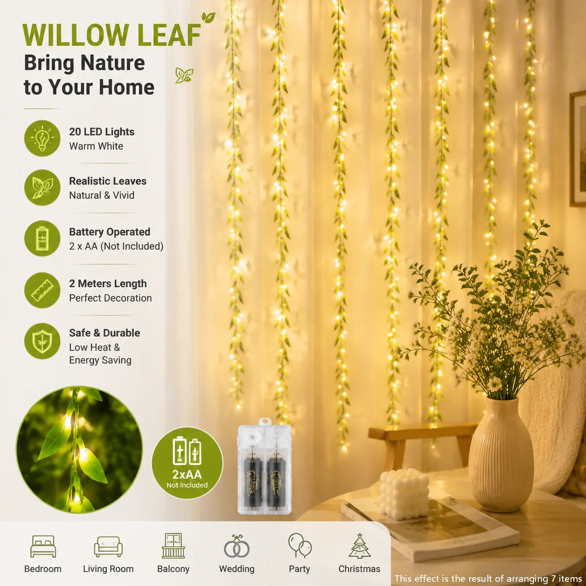 2M 20 LED Willow Leaf Curtain Lights Battery Box Decorative Vine String Lights for Bedroom Wedding Party Room Wall Decor Vue