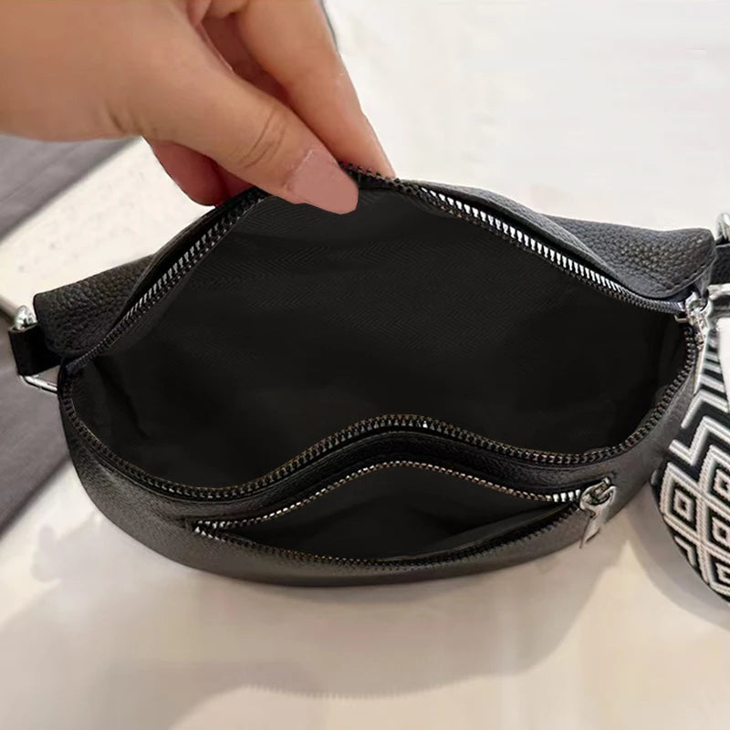 Glam Everyday Crossbody Chest Bag Solid Black Leather Fanny Decor