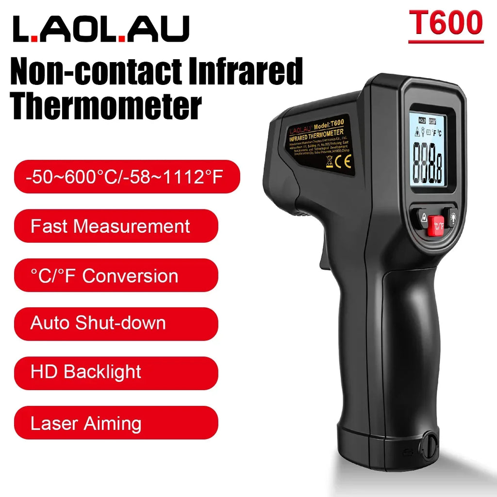 T600 Digital Infrared Thermometer Sensor Handheld Non-contact IR LCD Backlit Display Laser Temperature Gun 600°C for Household Vue