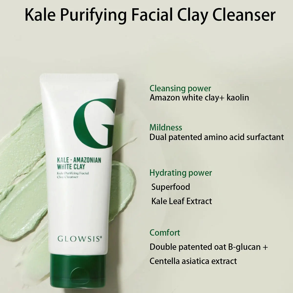 [ClearanceSale] GLOWSIS KALE PURIFYING FACIAL CLAY CLEANSER,Deep Cleansing&Pore Purifying,Impurity Removing&Gentle Exfoliation Vue