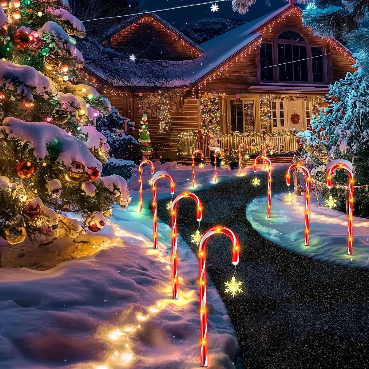 Christmas Ambiance Solar Stake Lights - Star Snowflake Cane Shape, 8 Lighting Modes, LED Outdoor Lawn Lights for Path, Garden Vue