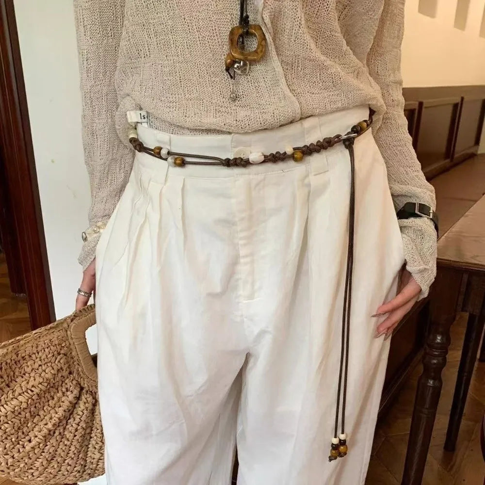 Ethnic Hand-woven Waist Chain Wooden Bead Adjustable Decorative Belt