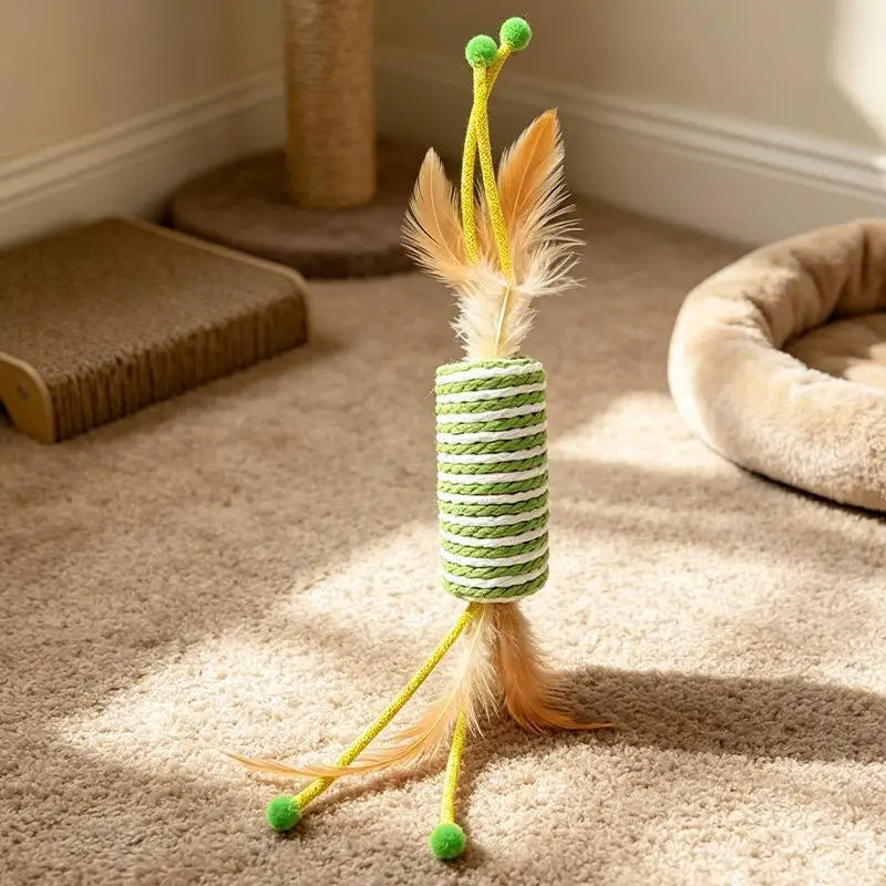 Interactive Cat Rope Roller Toy Feather Teaser Scratching Pillar Bite Resistant Green Striped Rope Roller Pet Kitten Supplies Vue