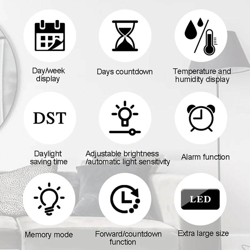 Multifunctional Wall Clock Simple Large Screen LED Living Room Clock Temperature Hygrometer Clock Timing Countdown with Remote Vue