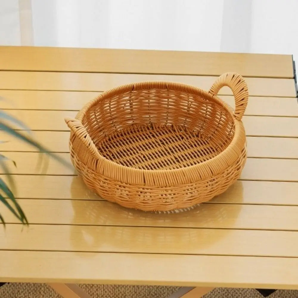Large Capacity Imitation Rattan Storage Basket Plastic Decorative Round Rattan Storage Tray Handmade with Handle Vue