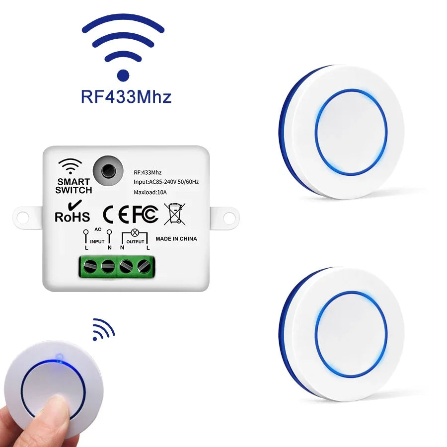 Wireless Smart Switch with Universal RF 433MHz Remote Control 10A AC 90-240V Relay Receiver Transmitter DIY Mini Module for Led Vue