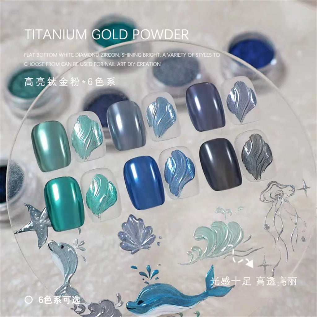 1/6pcs Blue nail powder titanium metal pigment holographic mirror polishing flash with gel nail art creation decoration Vue