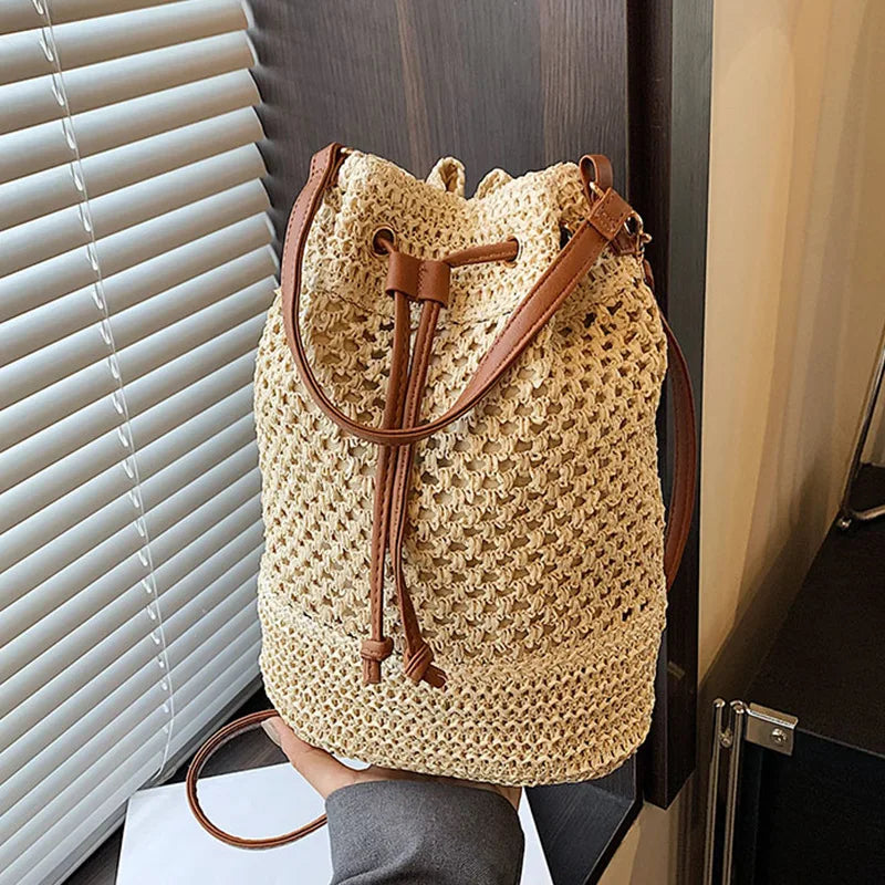 Woven Straw Bag Ladies Bucket Crossbody Summer Beach Retro Travel Vue tan 28x14x30cm