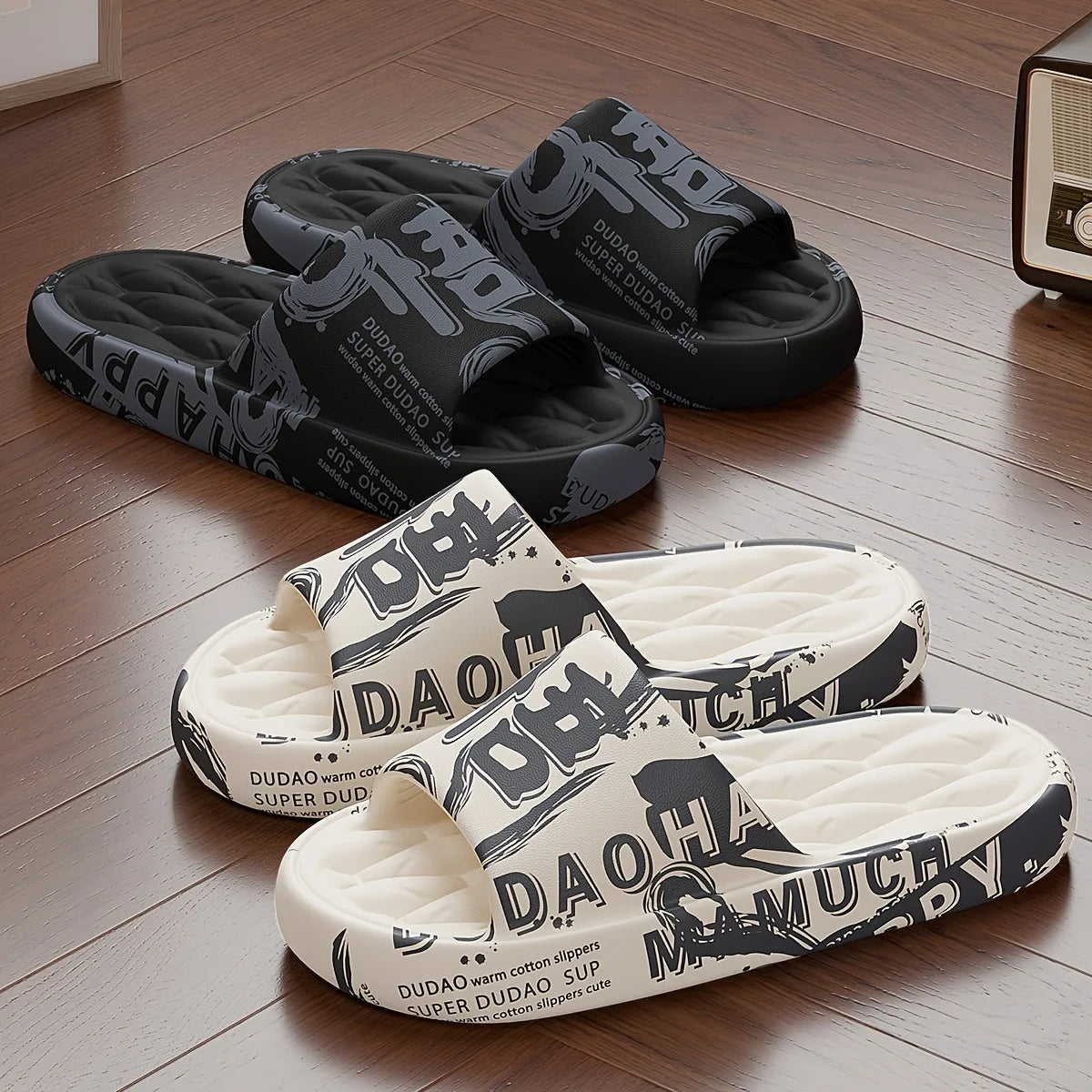 Trendy EVA Graffiti Slides for Men and Women Soft Comfortable Black White Design Playful Patterns Casual Home Outdoor Wear Vue