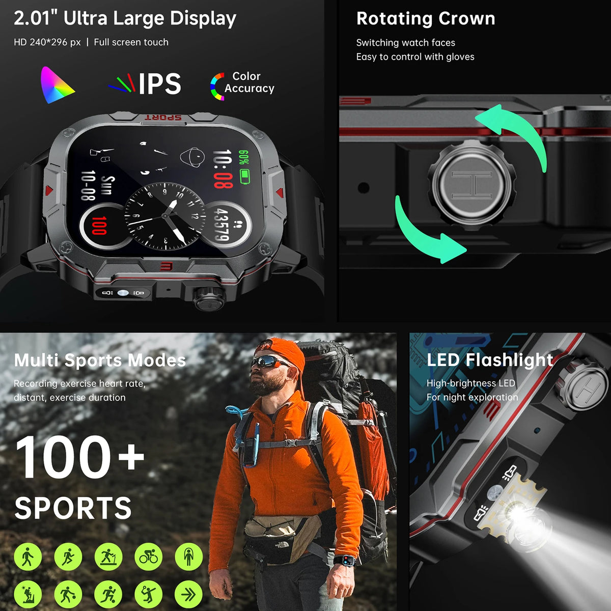LED Flashlight New Smartwatch 2.01Ultra Large Screen Voice Assistant Wireless Shockproof Dustproof Waterproof Smart Notification Vue