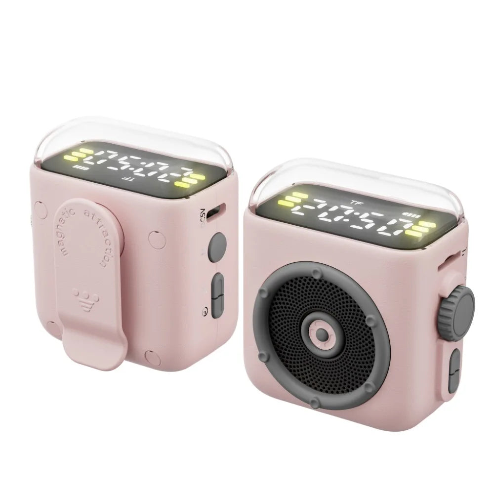 Mini Wireless Bluetooth Speaker Magnetic Backclip Time Display Hifi Sound Night Light Handsfree TF Card Play MP3 Music Player Vue pink
