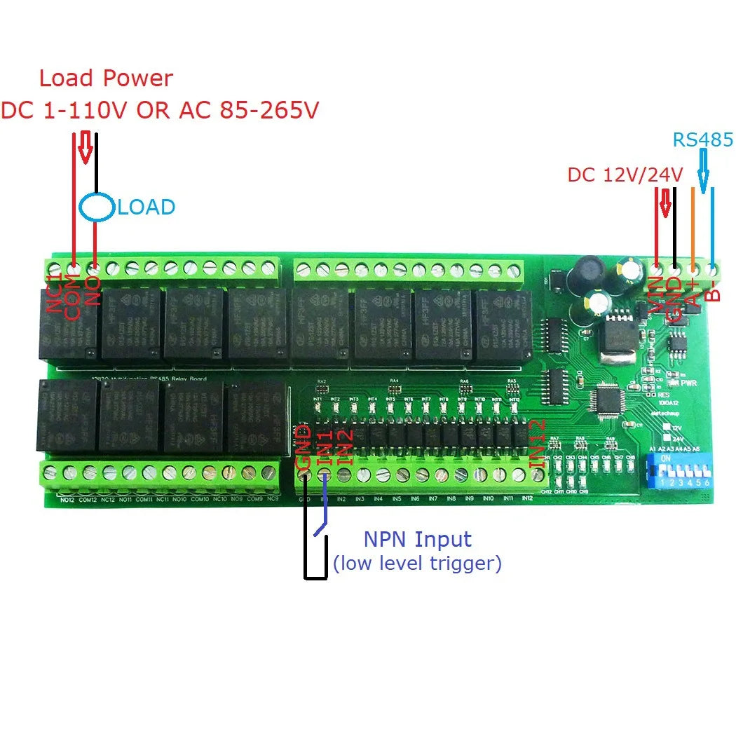 DC 12V 24V 12DI 12DO RS485 IO Board Modbus RTU Relay Optically Isolated NPN Input & 12 Relay Output Modbus RTU Relay Module Vue