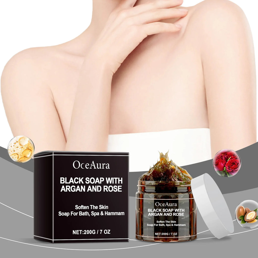 OCEAURA Black Soap With Argan And Rose lack Beldi Soap Ideal For Dead Skin Remover Body Scrub Purifying Deep Cleansing 200g/7 Oz Vue