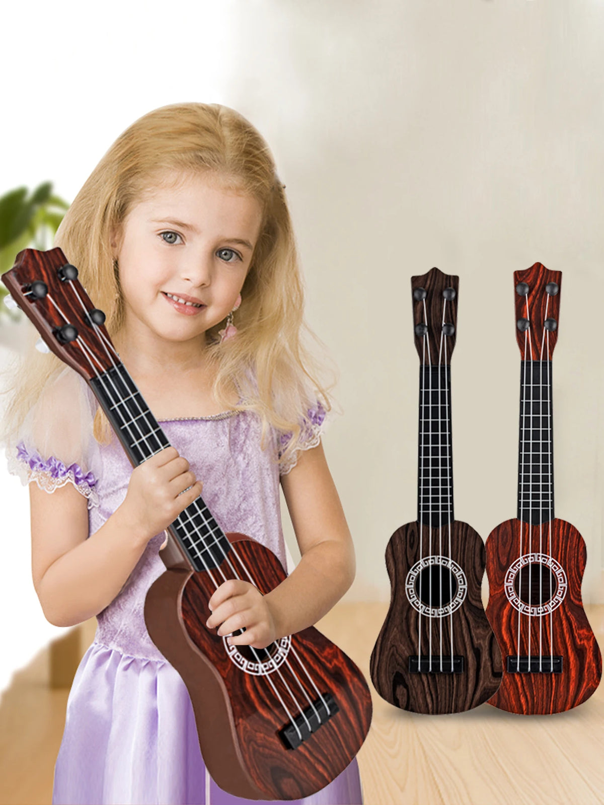 Toy Ukulele Classical Guitar Musical Instrument, Kids Play Early Educational Learning, Adjustable Atrings with Paddles 2 Colors Vue