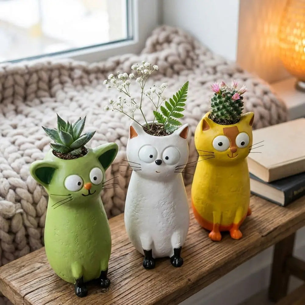Unique Whimsical Cat Vases Handmade Resin Cat Shaped Flower Vase Aesthetic Animal Sculpture Quirky Cat Planter Gift for Lovers Vue