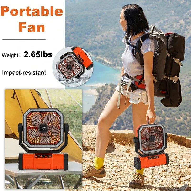 Portable Camping Fan with LED Lantern 20000mAh Rechargeable Battery Operated Fan with Hanging Hook for Outdoor Travel Camping Vue