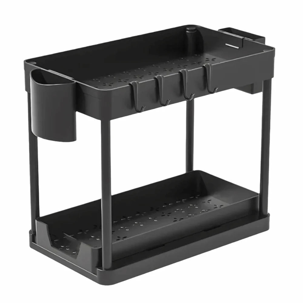 2 Tier Kitchen Sink Organizer Multi-function Hanging Cup Storage Rack With Hooks Sliding Inner Basket Sliding Cabinet Basket Vue