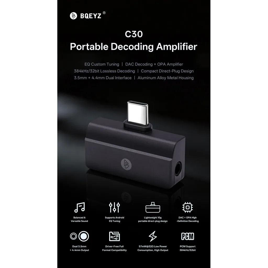BQEYZ C30 Portable DAC Amp USB-C 3.5mm 4.4mm HiFi 32bit 384kHz Portable DAC Amplifier Vue