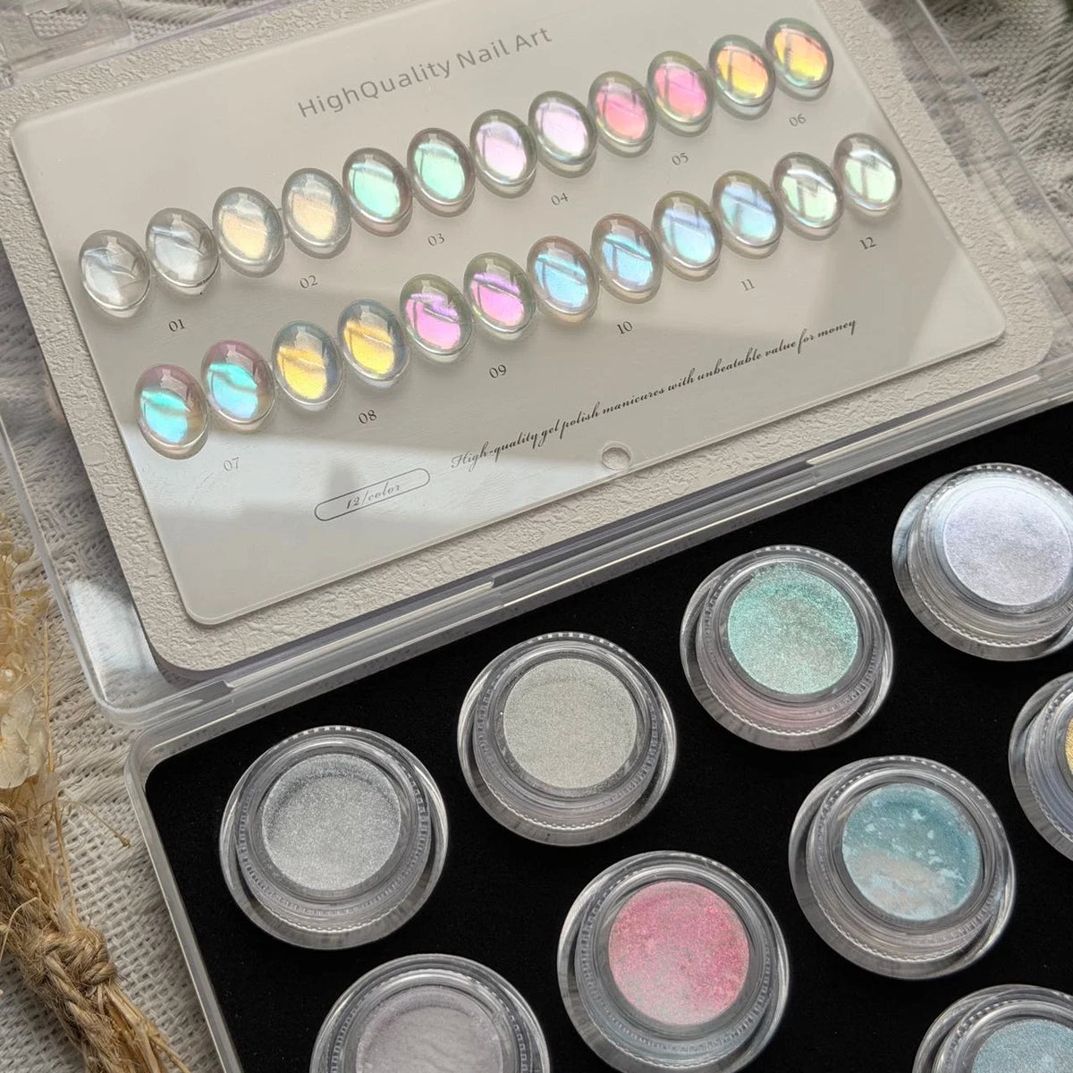 High-End Nail Art Kit, 12 Colors Hydrating Series Nail Powder, Ultra-Fine Glitter, Perfect Gift, Professional Quality Vue
