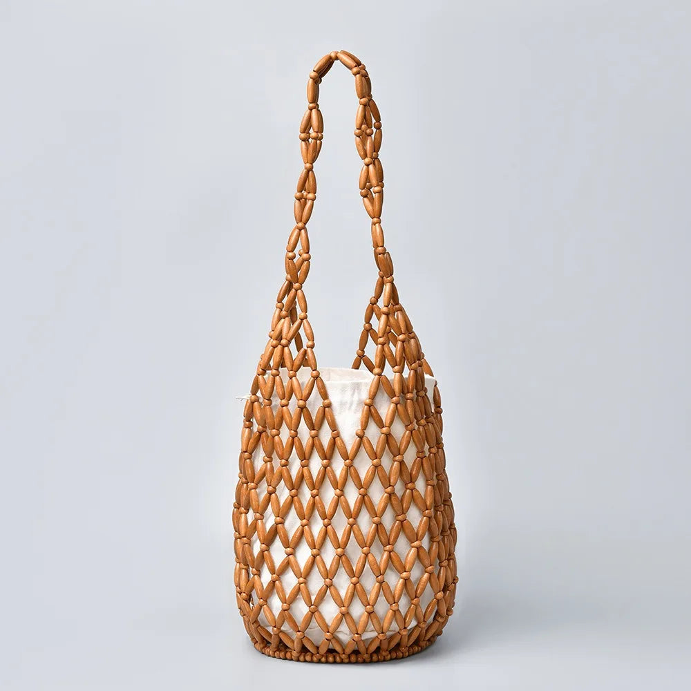 Elegant Bohemian Woven Hand Bag Female Style Exquisite Design Wooden Bead Tote Handmade Hollow-out Handbag Casual Use Vue Brown